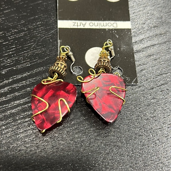 Amoeba Music Red and Gold Guitar Pick Earrings - Picture 3 of 4